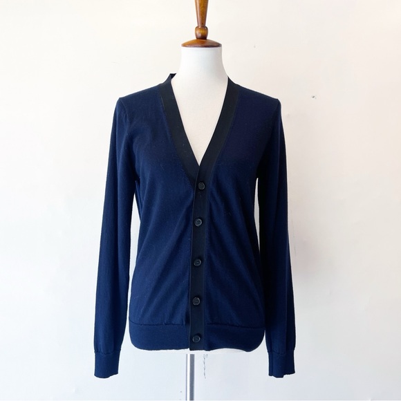 Sandro Navy Blue with Black Ribbon Trim Cardigan Sweater XS